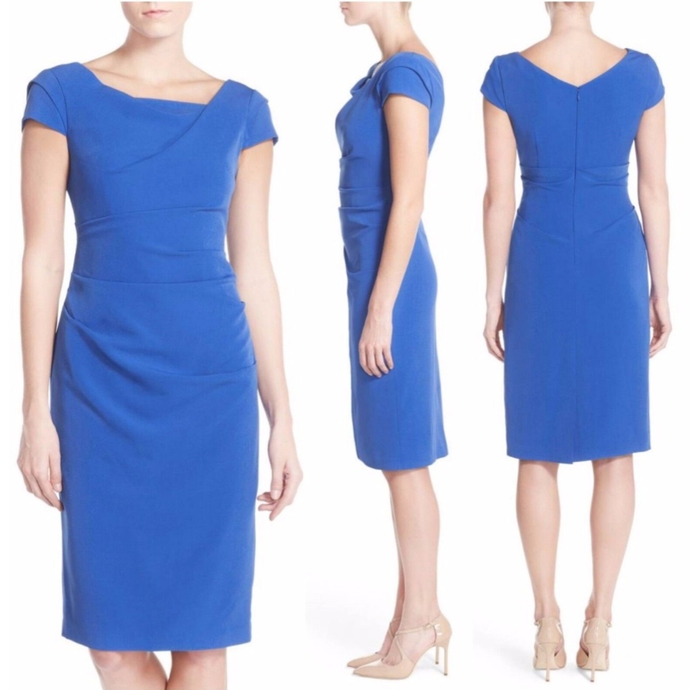 NEW Adrianna Papell Ruched Matte Stretch Crepe Sheath Dress‎ Blue [SZ 8 ]